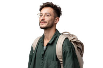 Handsome male traveler in glasses with backpack looking away, isolated on white background