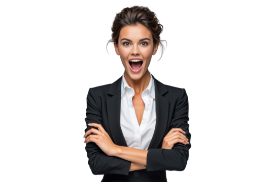 Excited young businesswoman in suit with arms crossed, isolated on transparent background - Powered by Adobe