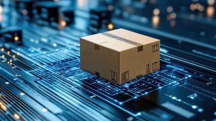 Cardboard box on digital circuit background, symbolizing logistics and technology integration