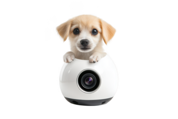 Cute puppy peeking out of a security camera, adorable dog portrait, pet photography, animal image, home security, surveillance system, isolated on transparent background