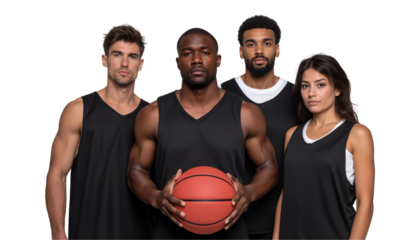 Diverse group of basketball players in black jerseys, isolated on transparent background