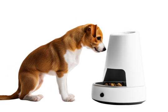 Adorable brown and white dog looking at a modern automatic pet feeder, dog food, pet care, animal isolated on transparent background