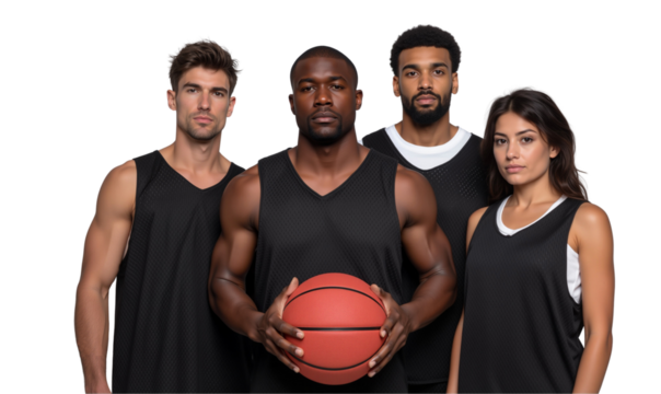 Diverse group of basketball players in black jerseys, isolated on transparent background - Powered by Adobe