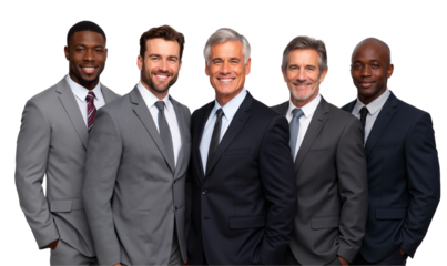 Diverse group of confident businessmen or business leaders in suits smiling together, isolated on transparent background