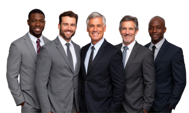Diverse group of confident businessmen or business leaders in suits smiling together, isolated on transparent background - Powered by Adobe