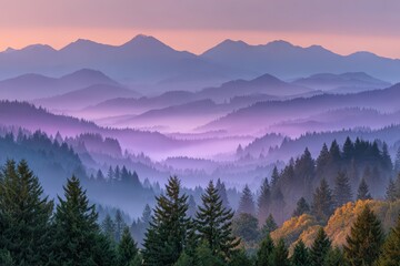 Fototapeta premium Layered mountain landscape at sunrise with atmospheric mist, purple hues, and evergreen forests.