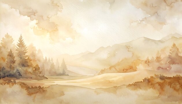 Watercolor Serenity - A Tranquil Landscape Painting with Golden Light.