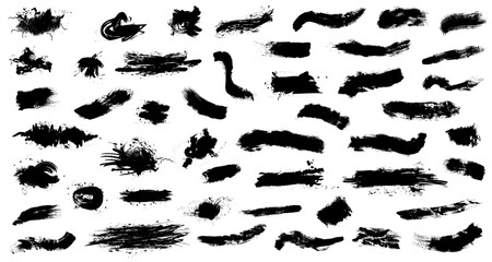 Hand drawn black vector brushes big pack isolated on white. Detailed paint splashes. Grungy stripes pattern. Vector illustrator