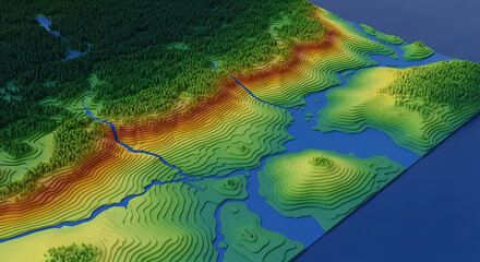 Topographic 3D Map of a Lush Green Landscape with Rivers and Mountains
