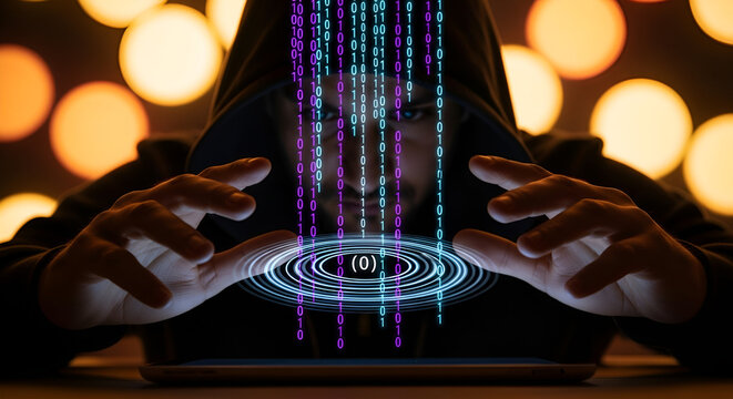 Hacker with glowing digital interface and binary code on keyboard in dark setting - Powered by Adobe
