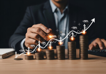 Businessman analyzing financial growth with coins and upward trend graph on desk