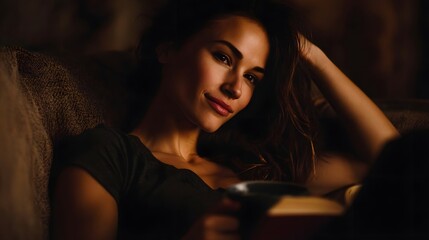 A beautiful young woman relaxes on a cozy sofa with a warm drink and a book bathed in soft ambient light