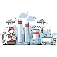 Industrial Factory Scene with Worker Monitoring Emissions and Environmental Concerns 1950s Style