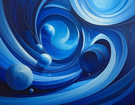 Abstract illustration featuring flowing, swirling blue shapes with spheres, creating a dynamic composition