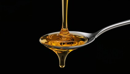 Golden syrup elegantly pouring from a spoon into a reflective pool