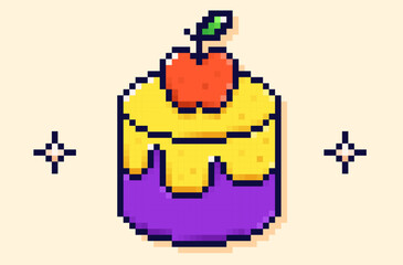 Pixel art birthday cake with apple on top and two simple stars around it.