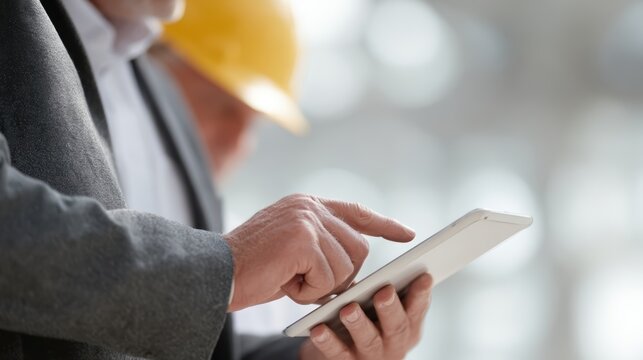 A team of engineers and architects reviewing blueprints on a tablet at a high-tech construction site.