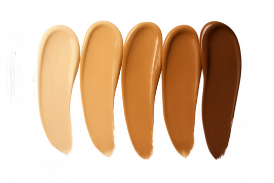 Foundation makeup swatches displaying diverse skin tone shades, cosmetic beauty product range on transparent background
