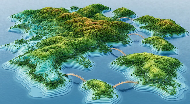 Topographical Island Chain with Bridges in Shaded Relief Render