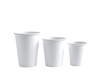 Three white paper cups of different sizes isolated on transparent background new png