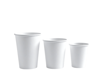 Three white paper cups of different sizes isolated on transparent background new png