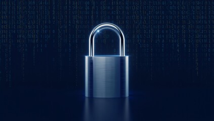 Fototapeta premium A gleaming silver padlock set against a digital data stream background