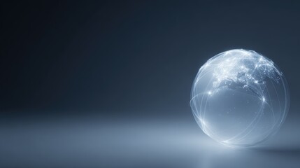 A transparent globe with glowing lines connecting major cities, representing global trade and networks.
