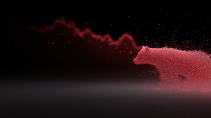 An abstract image of a bearish market, with a red graph line trending downwards and disintegrating into particles.