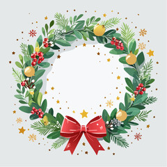 Beautiful Christmas wreath decorated with red bow, berries, and gold ornaments, ideal for holiday greeting cards and festive designs.