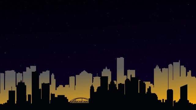 Night city skyline silhouette smooth zoom with time-lapse of shooting stars