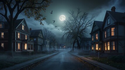 Spooky Moonlit Suburban Street at Night with Fog and Flying Birds