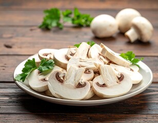 Sliced white mushrooms on a plate, fresh parsley