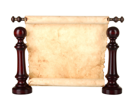 Old parchment scroll on wooden stands isolated on transparent background new png