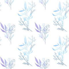 Seamless pattern of blue plant branches. Simple pattern. Flowers. Watercolor.