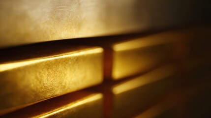 A hyper-realistic close-up of pure gold bars stacked neatly in a bank vault, reflecting light.