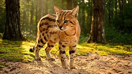 Golden Serval Cat Standing Alert on Sandy Ground in Forest Environment with Sunlight  A Captivating Feline Portrait in Natural Habitat and Vivid Color Scheme and Focused Expression - Powered by Adobe