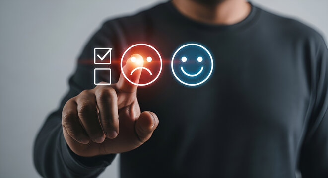 Person pressing virtual button with checkmark, warning, and smiley icons on digital interface - Powered by Adobe