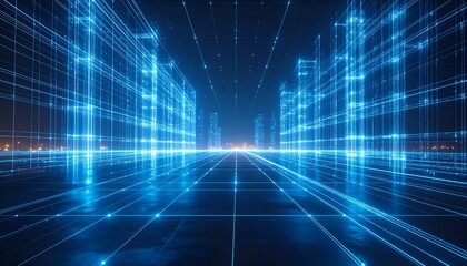 Futuristic digital landscape showcasing glowing blue grid lines and towering data structures at night