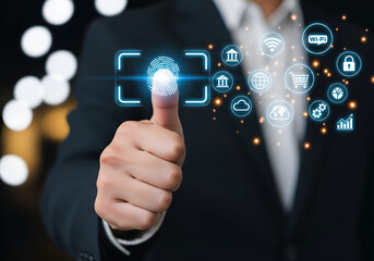 Businessman pressing futuristic digital interface with technology and network icons