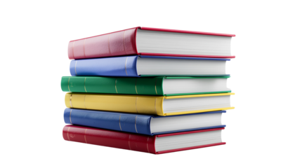 Stack of books with colorful covers and visible pages, isolated on transparent background, PNG