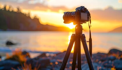 A camera on a tripod captures a stunning sunset over a serene lake surrounded by lush greenery