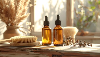 Two amber glass bottles with droppers sit on a wooden table surrounded by natural decor in soft sunlight