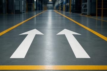 Industrial warehouse floor with two white directional arrows and yellow lines under bright lighting, symbolizing order and efficiency. Ai generative