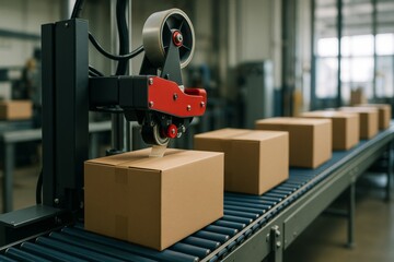 Automated packaging machine sealing boxes on conveyor belt in modern light industrial facility with blurred background, concept of efficiency. Ai generative