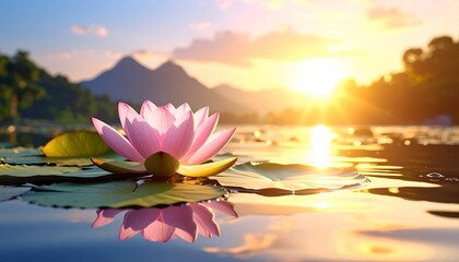 Serene sunset over a tranquil lake with blooming lotus flowers and distant mountains reflecting in water