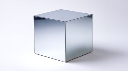 Modern minimal mirrored cube with soft shadow on white surface under diffused ambient lighting with ample copy space