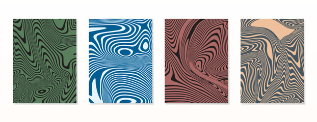 SET POSTER ABSTRACT ILLUSTRATION MARBLED TEXTURE LIQUIFY PSYCHEDELIC COLORFUL DESIGN. OPTICAL ILLUSION BACKGROUND VECTOR