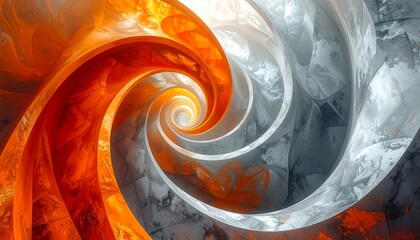 A vibrant fractal design with swirling orange and grey sections, creating a spiral effect