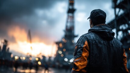Naklejka premium Solitary Worker Gazing at Industrial Landscape Under Dramatic Sky