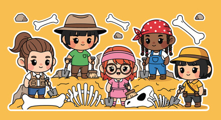 Diverse group of children excavating dinosaur bones in sandy desert, uncovering prehistoric fossils with shovels and brushes, creating educational and adventurous scene.